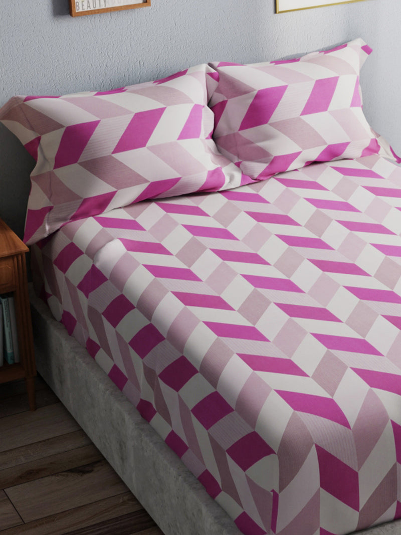 Soft 100% Natural Cotton King Size Double Bedsheet With 2 Pillow Covers <small> (geometric-pink)</small>