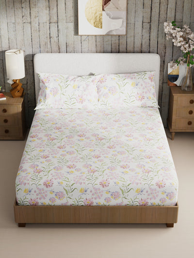 Bamboo Micro King Bedsheet With 2 Pillow Covers <small> (floral-white/purple)</small>