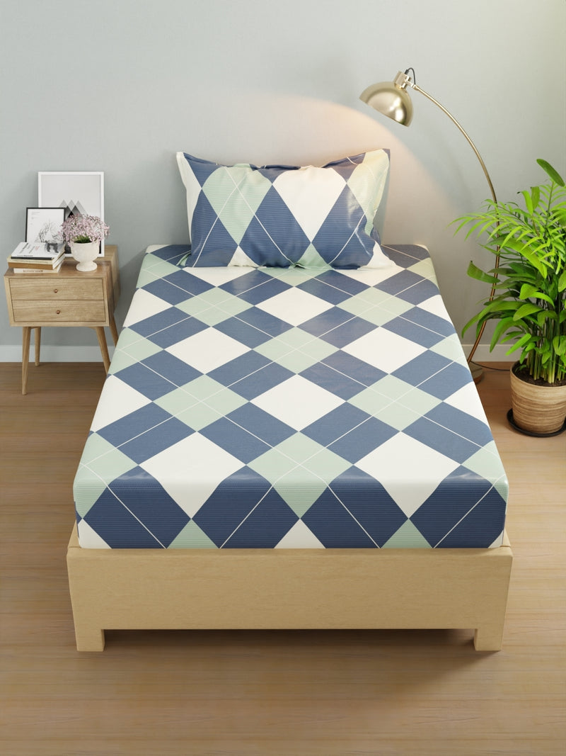 Extra Smooth Micro Single Bedsheet With 1 Pillow Cover <small> (geometric-blue/sage)</small>