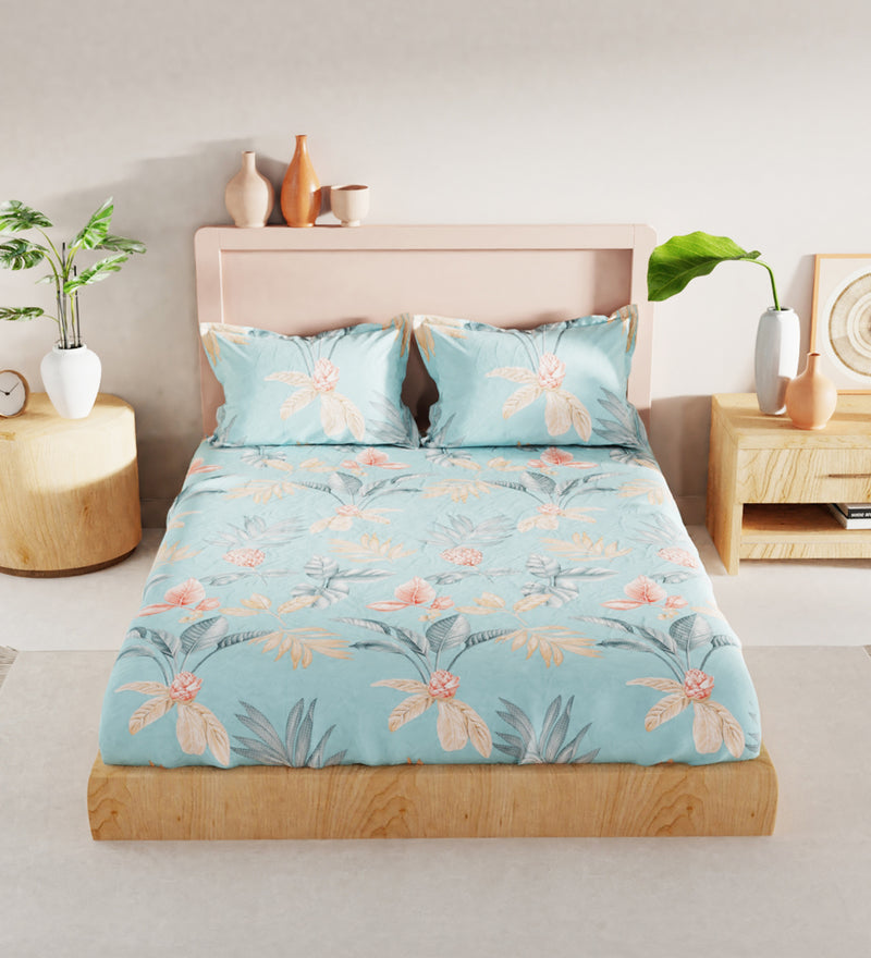 Bamboo Micro King Bedsheet With 2 Pillow Covers + 2 Pillows <small> (floral-mint/green)</small>