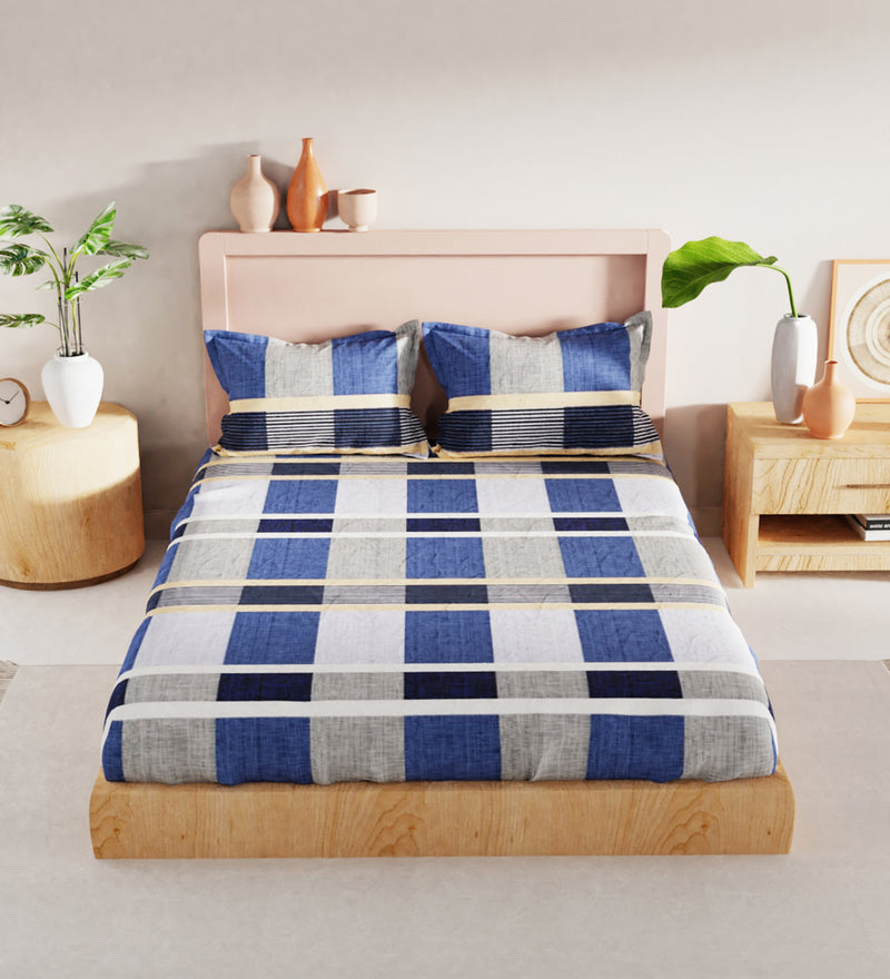 Bamboo Micro King Bedsheet With 2 Pillow Covers + 2 Pillows <small> (geometric-blue/ylw)</small>