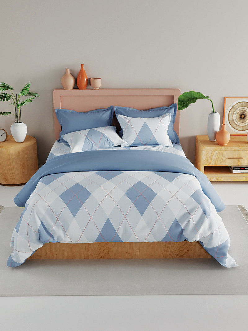 Bamboo Micro King Bedsheet With 2 Pillow Covers <small> (geometric-blue/ivory)</small>