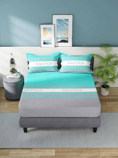 Super Soft 100% Cotton King Bedsheet With 2 Pillow Covers <small> (stripe-grey/seafoam)</small>
