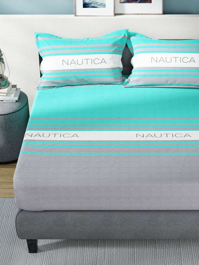 Super Soft 100% Cotton King Bedsheet With 2 Pillow Covers <small> (stripe-grey/seafoam)</small>