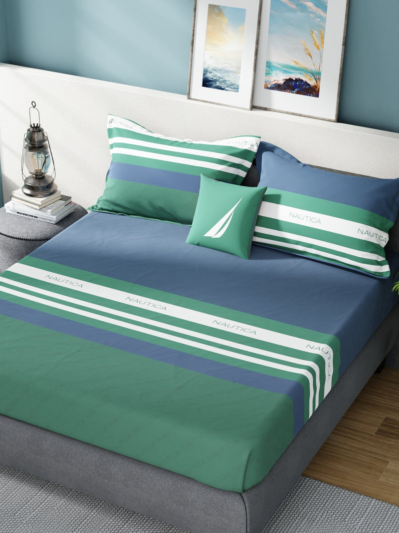 Super Soft 100% Cotton King Bedsheet With 2 Pillow Covers <small> (stripe-blue/green)</small>