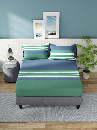 Super Soft 100% Cotton King Bedsheet With 2 Pillow Covers <small> (stripe-blue/green)</small>