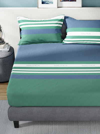 Super Soft 100% Cotton King Bedsheet With 2 Pillow Covers <small> (stripe-blue/green)</small>