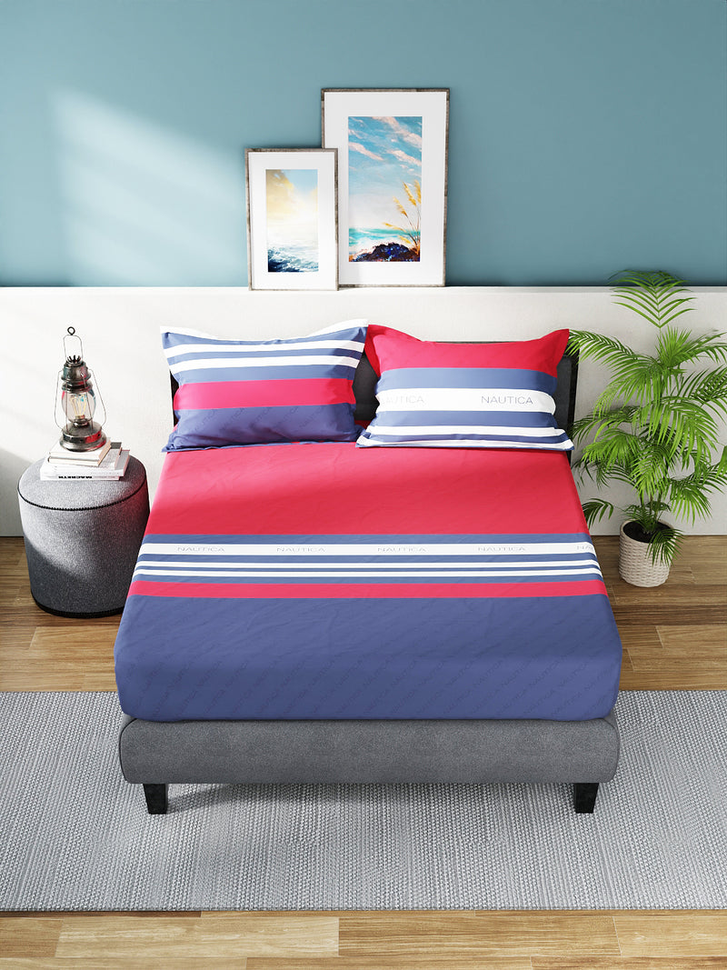 Super Soft 100% Cotton King Bedsheet With 2 Pillow Covers <small> (stripe-rose/indigo)</small>