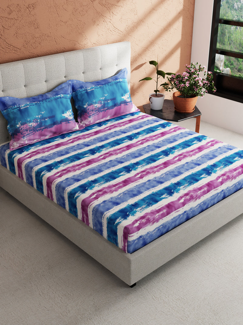 Soft 100% Natural Cotton King Size Double Bedsheet With 2 Pillow Covers <small> (stripe-blue/pink)</small>