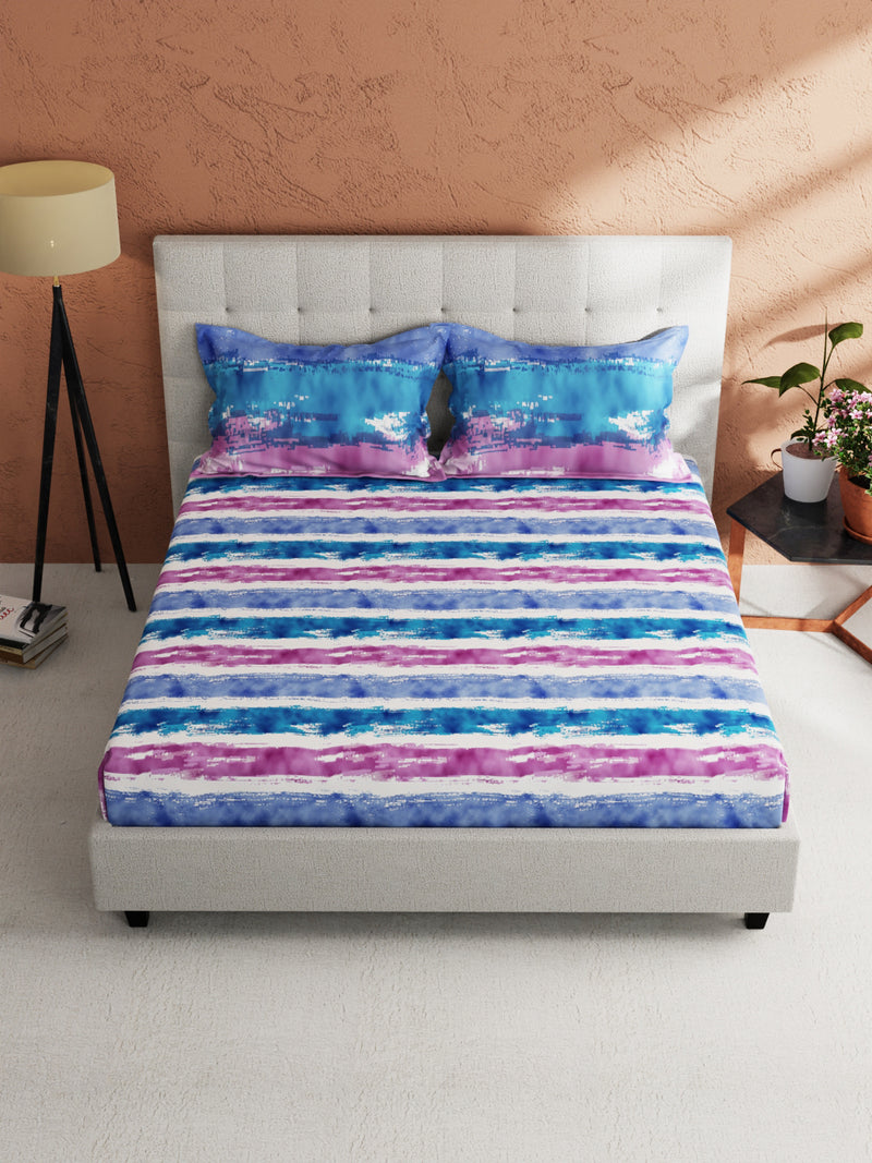 Soft 100% Natural Cotton King Size Double Bedsheet With 2 Pillow Covers <small> (stripe-blue/pink)</small>