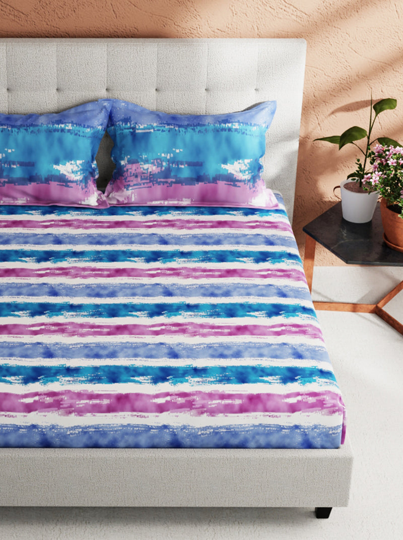 Soft 100% Natural Cotton King Size Double Bedsheet With 2 Pillow Covers <small> (stripe-blue/pink)</small>