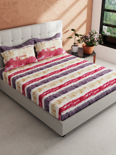 Soft 100% Natural Cotton King Size Double Bedsheet With 2 Pillow Covers <small> (stripe-beige/plum)</small>