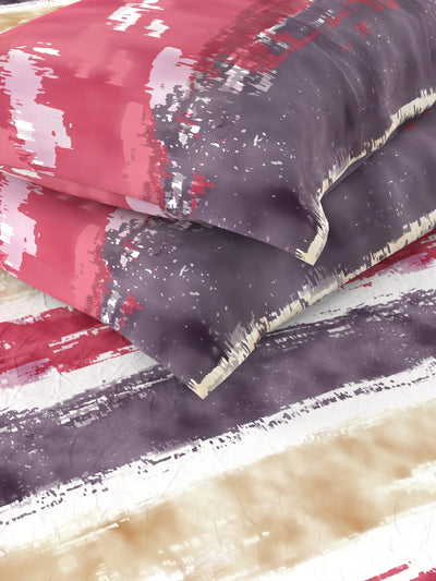 Soft 100% Natural Cotton King Size Double Bedsheet With 2 Pillow Covers <small> (stripe-beige/plum)</small>