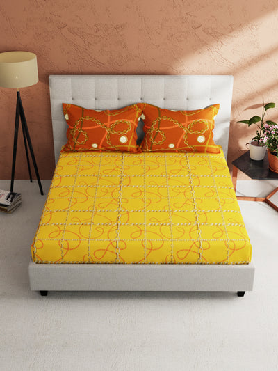 Soft 100% Natural Cotton King Size Double Bedsheet With 2 Pillow Covers <small> (baroque check-gold/mocha)</small>