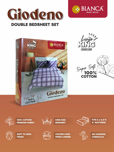 Soft 100% Natural Cotton King Size Double Bedsheet With 2 Pillow Covers <small> (baroque check-gold/mocha)</small>
