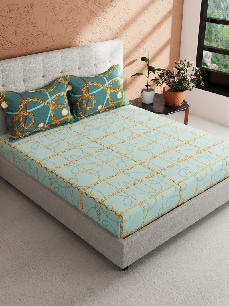 Soft 100% Natural Cotton King Size Double Bedsheet With 2 Pillow Covers <small> (baroque check-lightblue/gold)</small>