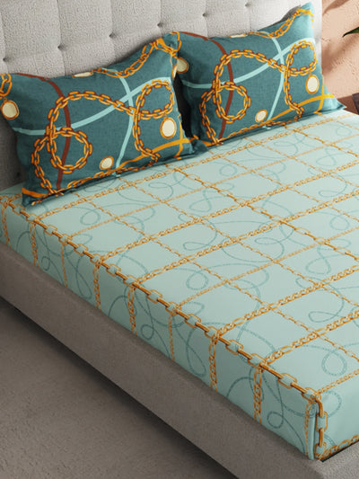 Soft 100% Natural Cotton King Size Double Bedsheet With 2 Pillow Covers <small> (baroque check-lightblue/gold)</small>