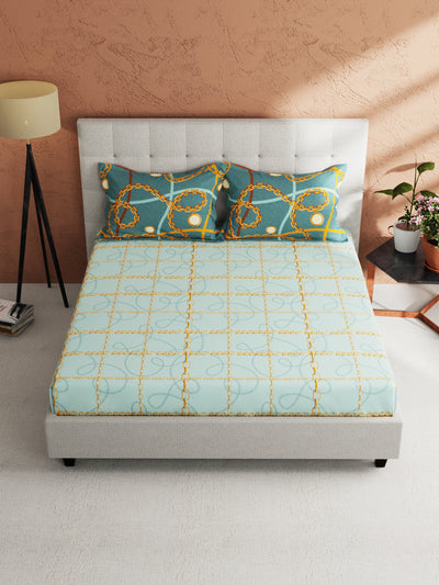 Soft 100% Natural Cotton King Size Double Bedsheet With 2 Pillow Covers <small> (baroque check-lightblue/gold)</small>