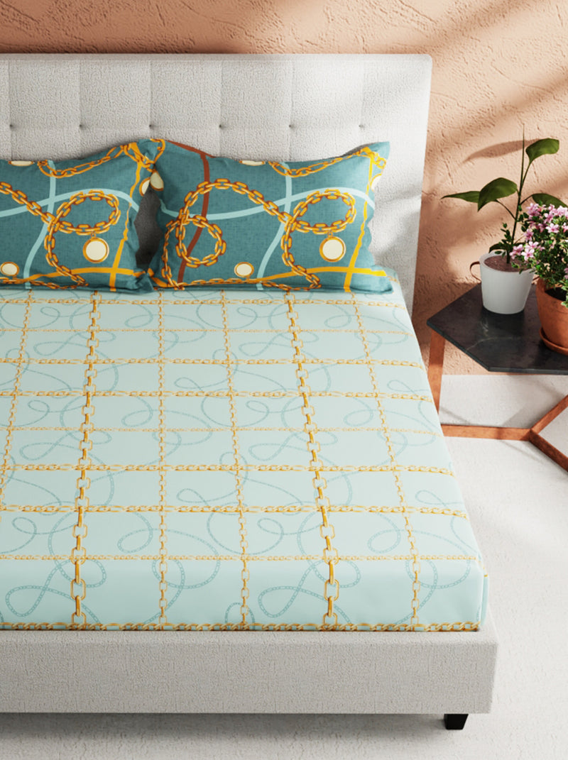 Soft 100% Natural Cotton King Size Double Bedsheet With 2 Pillow Covers <small> (baroque check-lightblue/gold)</small>