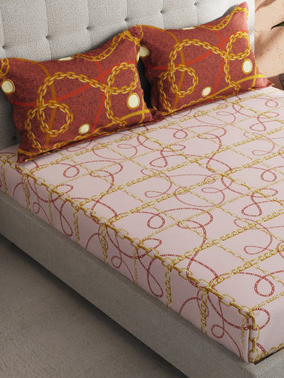 Soft 100% Natural Cotton King Size Double Bedsheet With 2 Pillow Covers <small> (baroque check-pink/gold)</small>