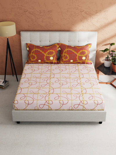 Soft 100% Natural Cotton King Size Double Bedsheet With 2 Pillow Covers <small> (baroque check-pink/gold)</small>