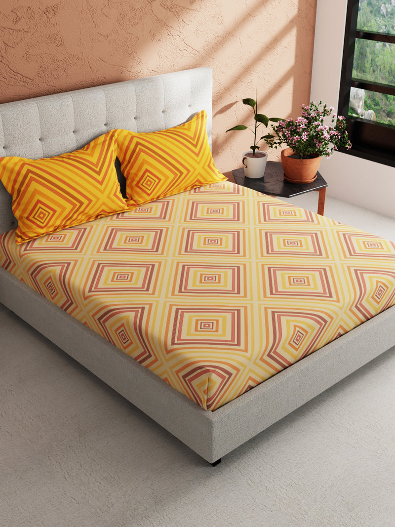 Soft 100% Natural Cotton King Size Double Bedsheet With 2 Pillow Covers <small> (geometrical-banana/red)</small>