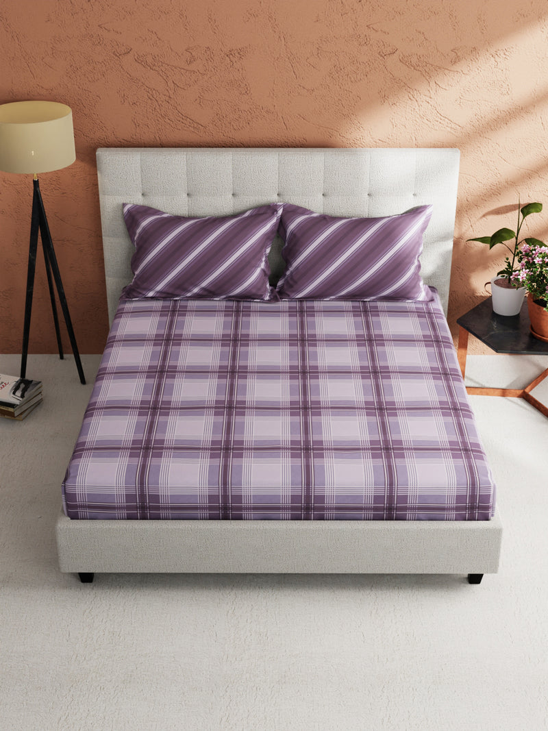 Soft 100% Natural Cotton King Size Double Bedsheet With 2 Pillow Covers <small> (checks-purple)</small>