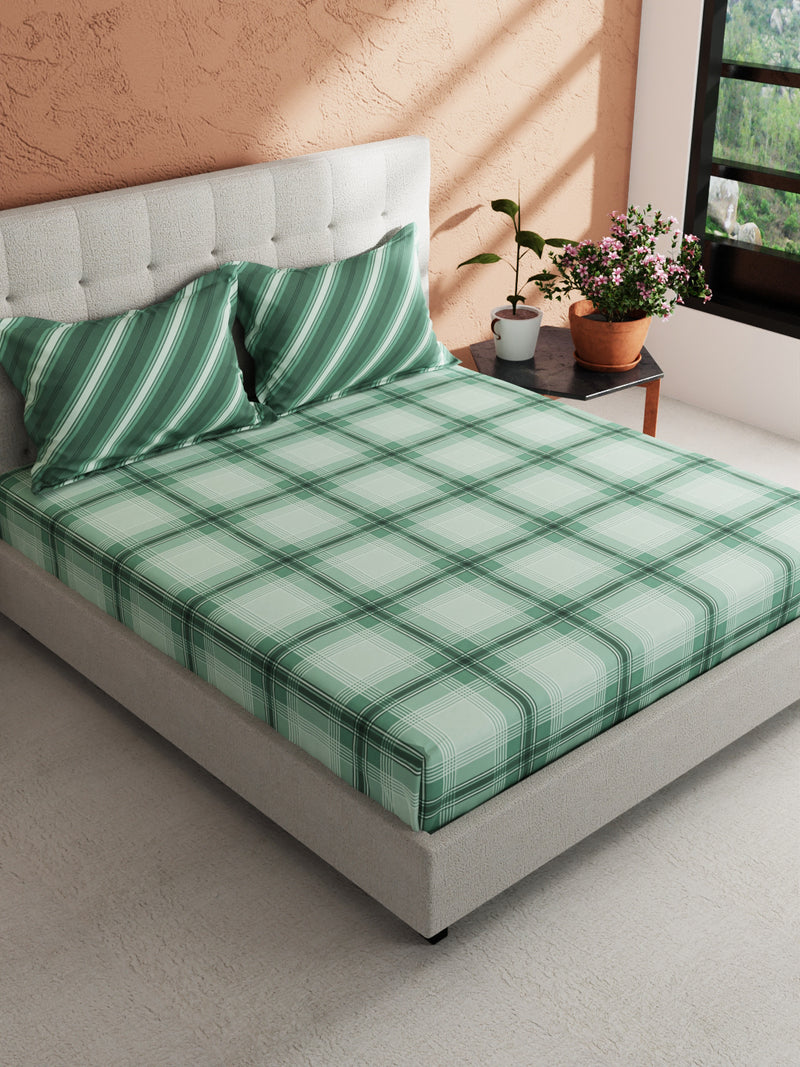 Soft 100% Natural Cotton King Size Double Bedsheet With 2 Pillow Covers <small> (checks-green)</small>