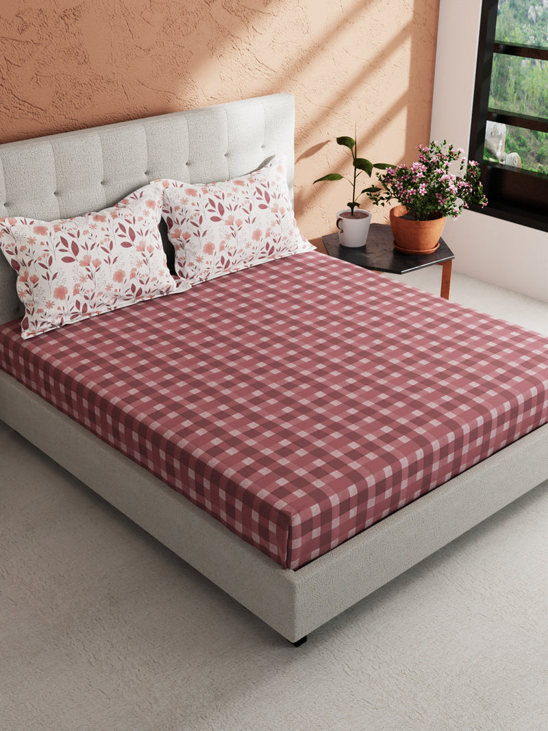 Soft 100% Natural Cotton King Size Double Bedsheet With 2 Pillow Covers <small> (checks-mauve)</small>