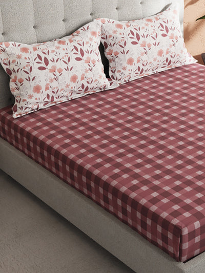 Soft 100% Natural Cotton King Size Double Bedsheet With 2 Pillow Covers <small> (checks-mauve)</small>