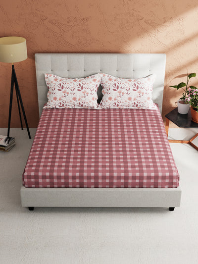 Soft 100% Natural Cotton King Size Double Bedsheet With 2 Pillow Covers <small> (checks-mauve)</small>