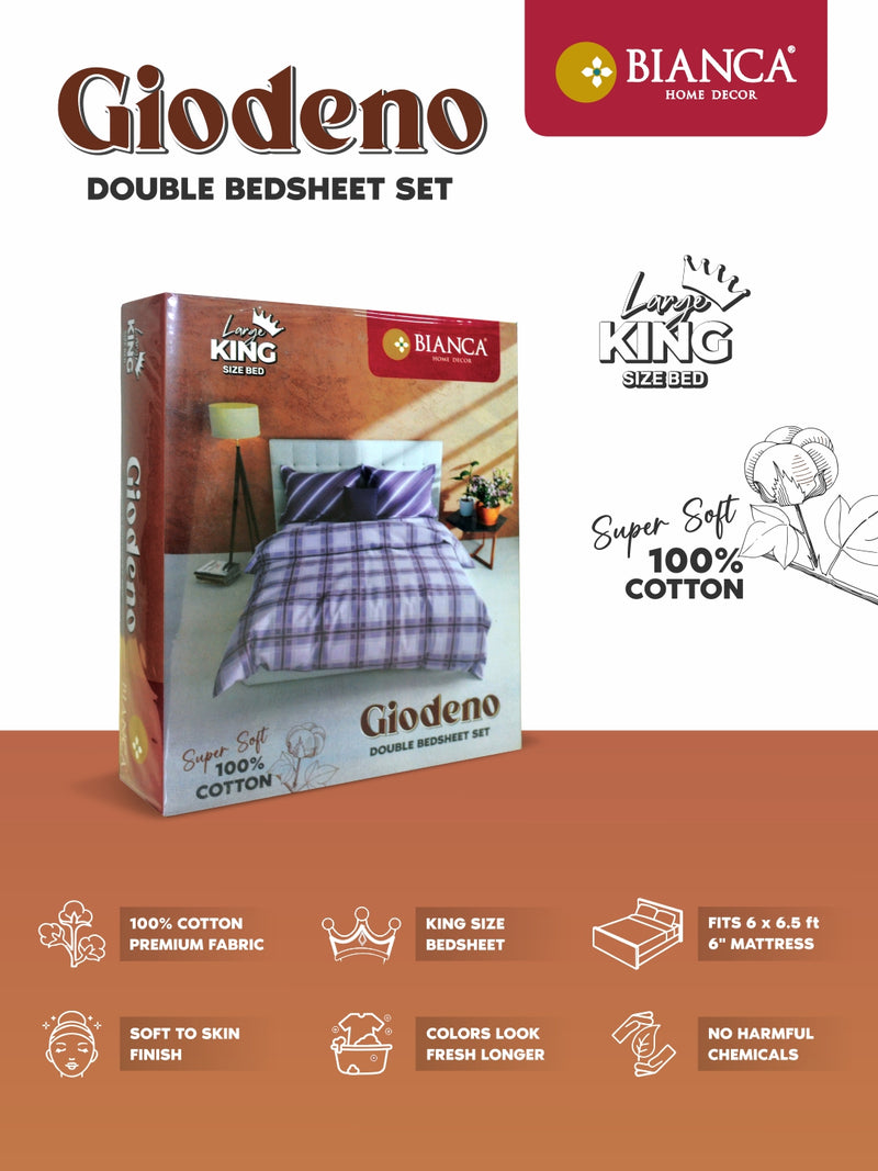 Soft 100% Natural Cotton King Size Double Bedsheet With 2 Pillow Covers <small> (checks-mauve)</small>