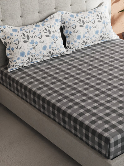 Soft 100% Natural Cotton King Size Double Bedsheet With 2 Pillow Covers <small> (checks-grey)</small>