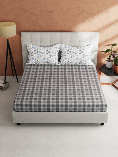 Soft 100% Natural Cotton King Size Double Bedsheet With 2 Pillow Covers <small> (checks-grey)</small>
