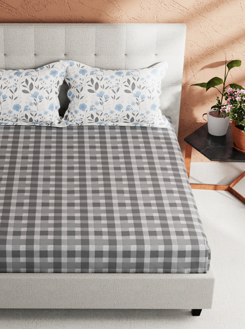 Soft 100% Natural Cotton King Size Double Bedsheet With 2 Pillow Covers <small> (checks-grey)</small>