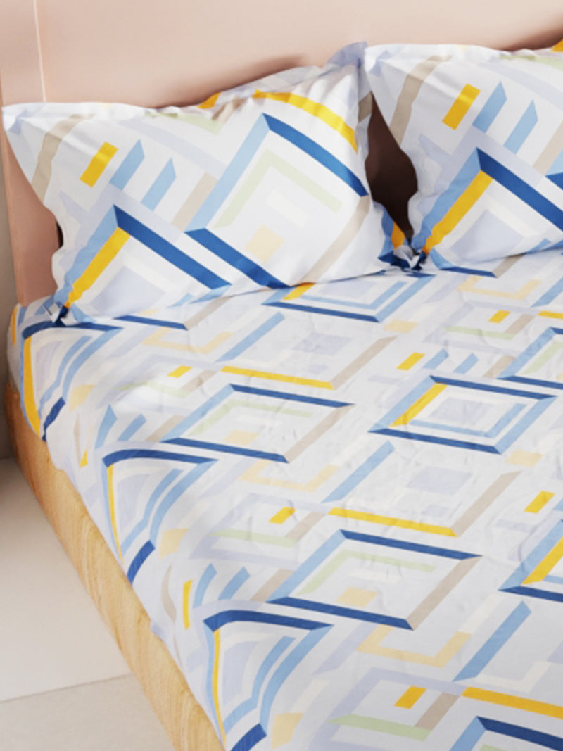Bamboo Micro King Bedsheet With 2 Pillow Covers <small> (geometrical-blue/multi)</small>