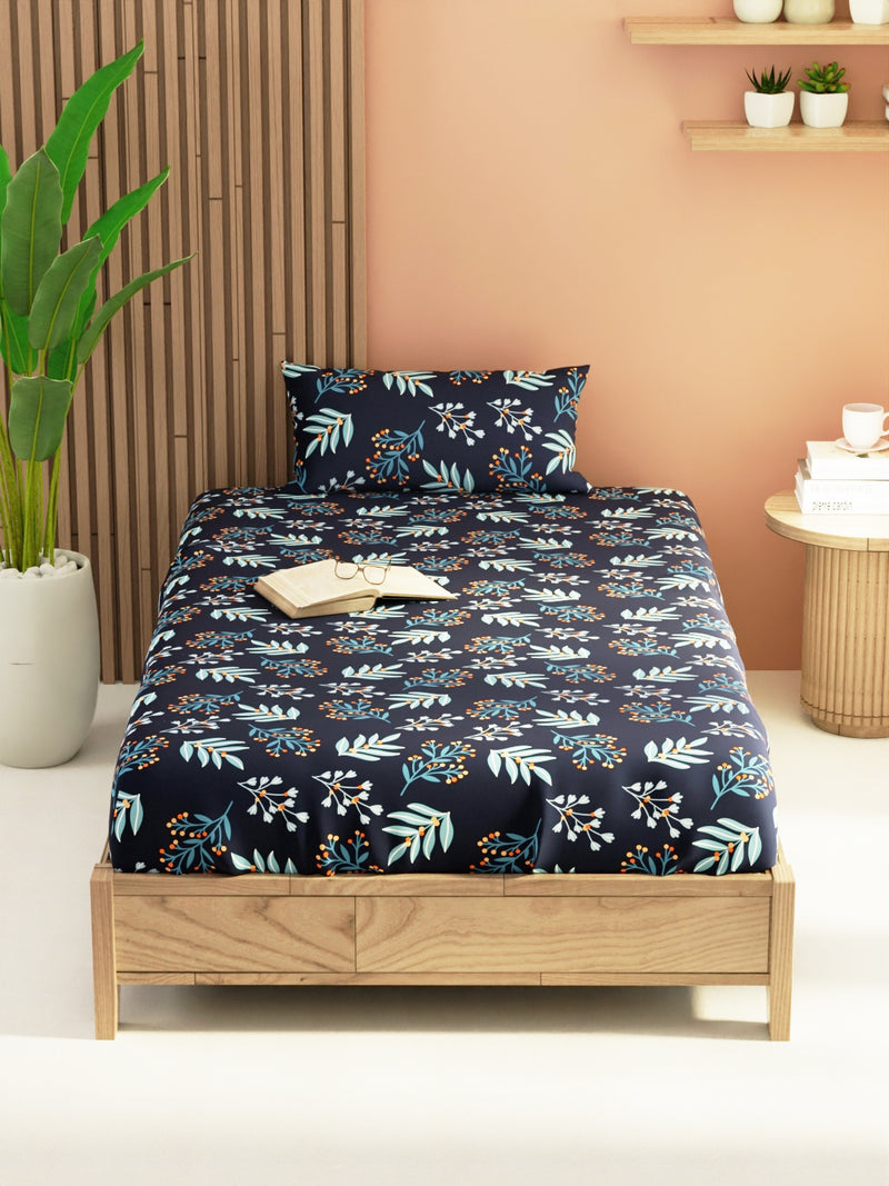 Extra Smooth Micro Single Bedsheet With 1 Pillow Cover <small> (floral-steelgrey)</small>