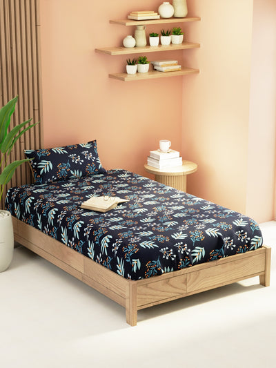 Extra Smooth Micro Single Bedsheet With 1 Pillow Cover <small> (floral-steelgrey)</small>