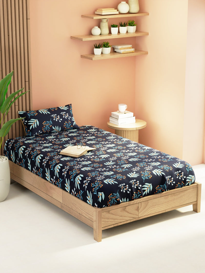 Extra Smooth Micro Single Bedsheet With 1 Pillow Cover <small> (floral-steelgrey)</small>