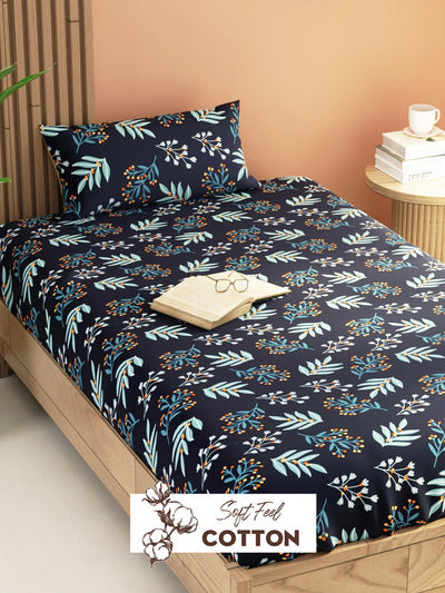 Extra Smooth Micro Single Bedsheet With 1 Pillow Cover <small> (floral-steelgrey)</small>