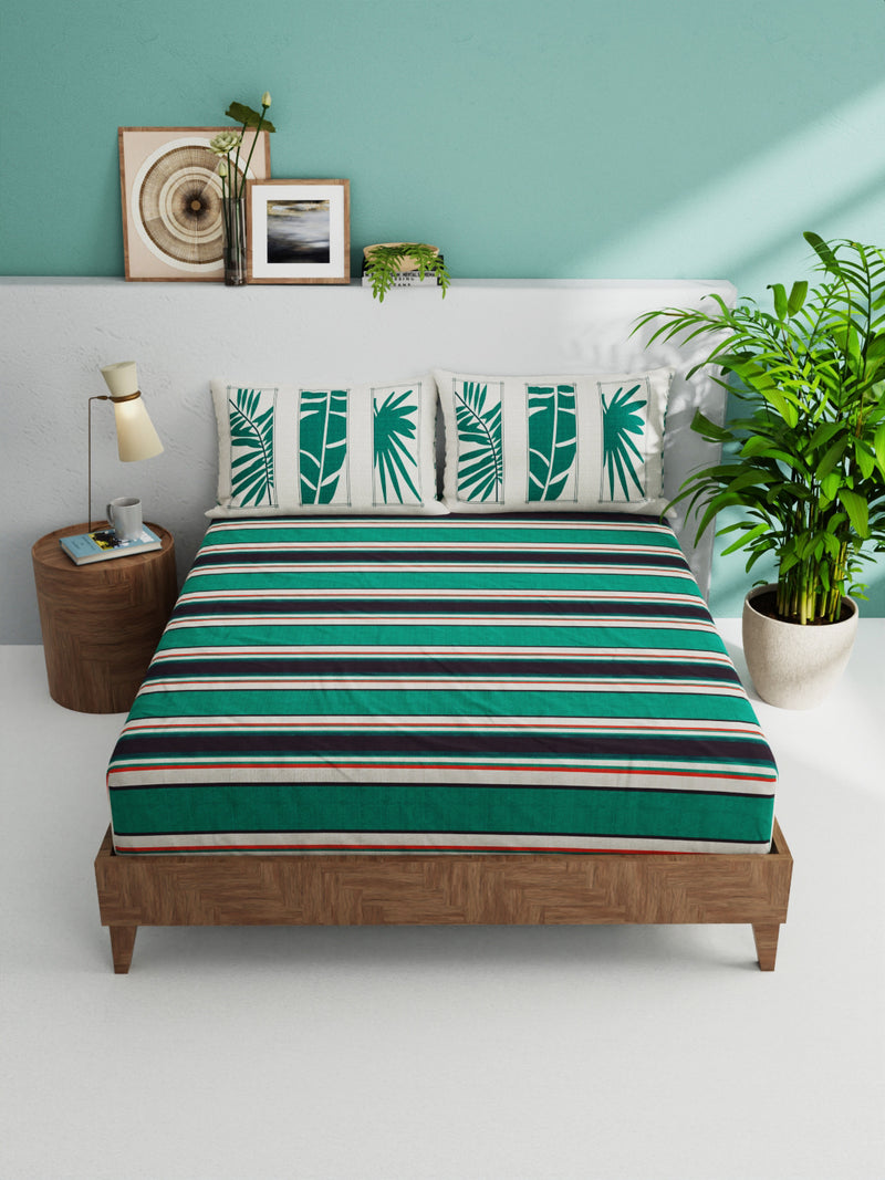 100% Pure Cotton Double Bedsheet With 2 Pillow Covers <small> (stripe-dk.green/beige)</small>