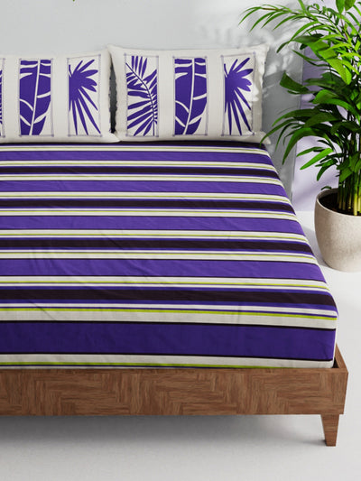 Soft 100% Natural Cotton Double Bedsheet With 2 Pillow Covers <small> (stripe-purple/beige)</small>