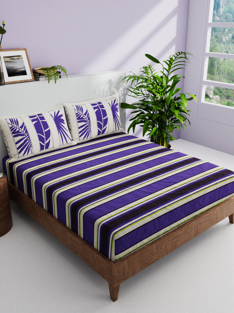 Soft 100% Natural Cotton Double Bedsheet With 2 Pillow Covers <small> (stripe-purple/beige)</small>