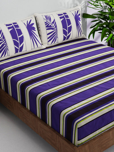Soft 100% Natural Cotton Double Bedsheet With 2 Pillow Covers <small> (stripe-purple/beige)</small>