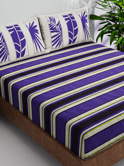100% Pure Cotton Double Bedsheet With 2 Pillow Covers <small> (stripe-purple/beige)</small>