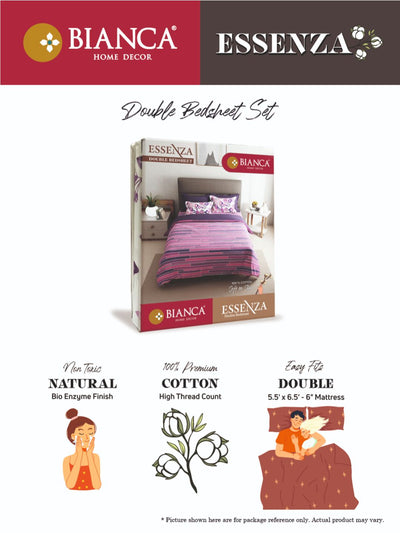 100% Pure Cotton Double Bedsheet With 2 Pillow Covers <small> (stripe-purple/beige)</small>