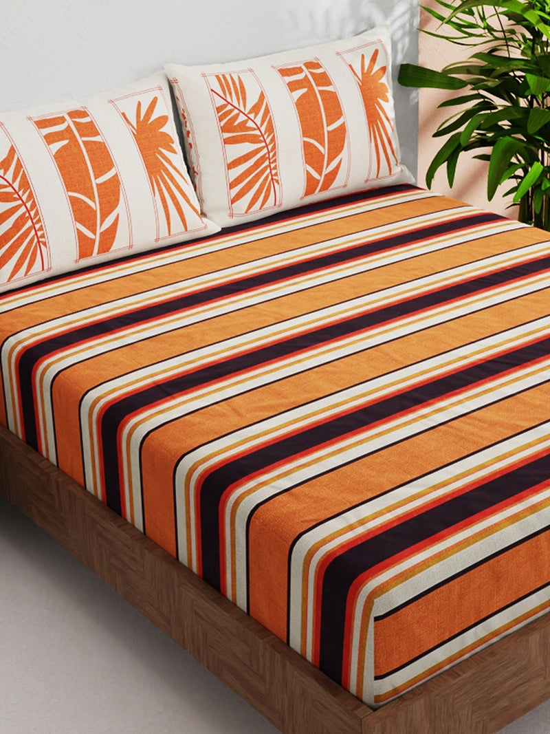 100% Pure Cotton Double Bedsheet With 2 Pillow Covers <small> (stripe-orange/beige)</small>