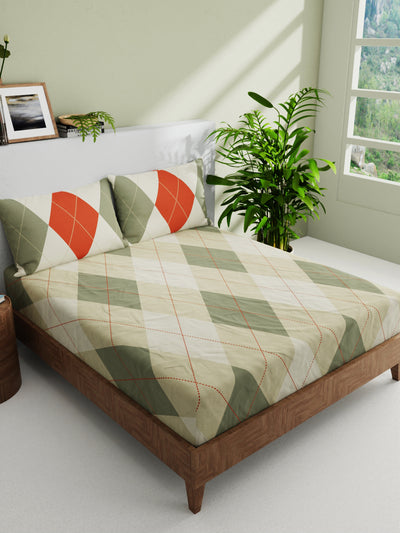 100% Pure Cotton Double Bedsheet With 2 Pillow Covers <small> (geometrical-sage/multi)</small>