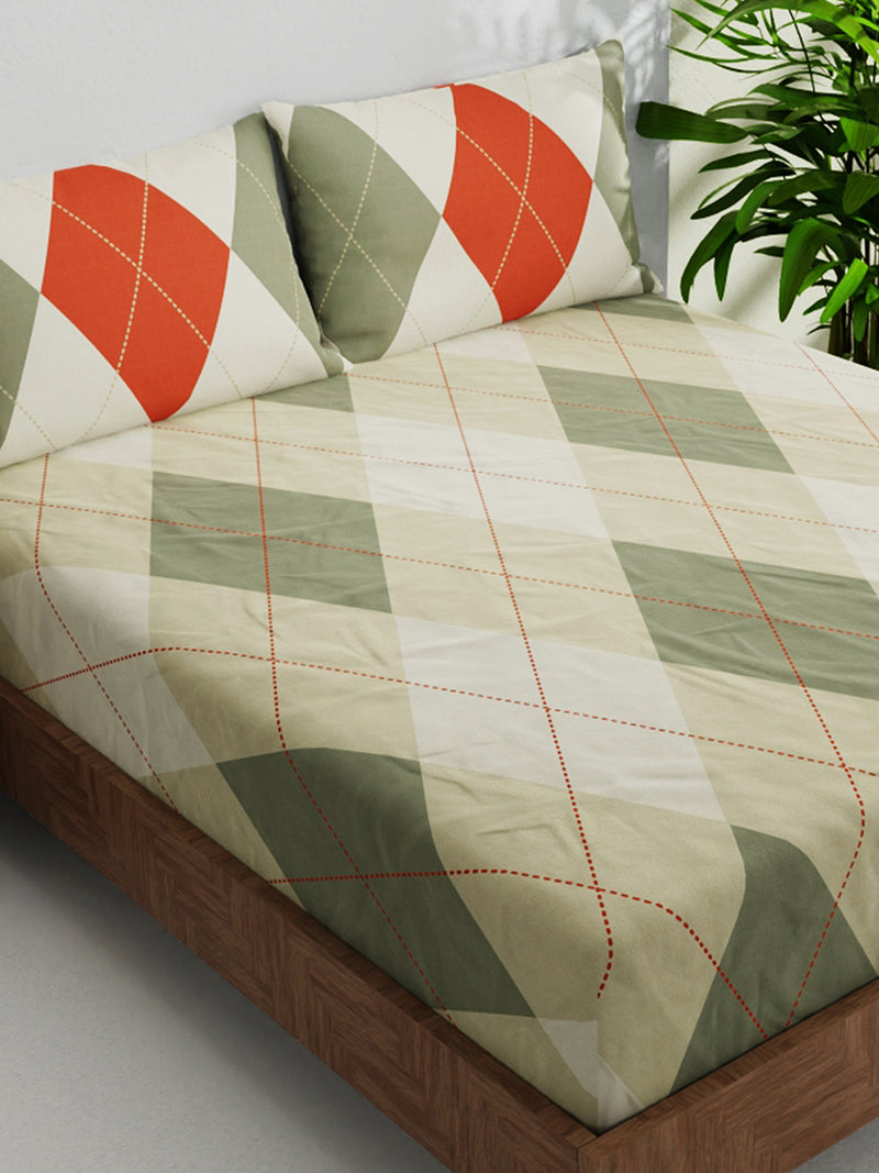100% Pure Cotton Double Bedsheet With 2 Pillow Covers <small> (geometrical-sage/multi)</small>