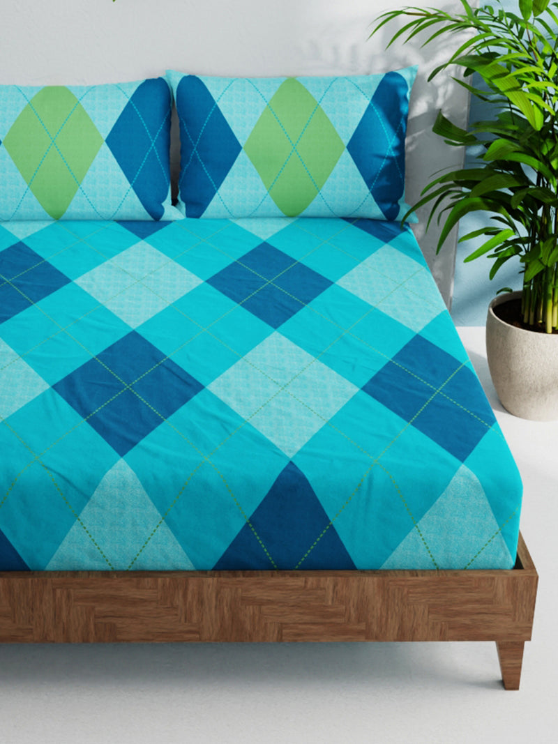100% Pure Cotton Double Bedsheet With 2 Pillow Covers <small> (geometrical-blue/multi)</small>